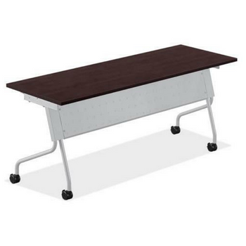 espresso table with white legs and metal back on wheels